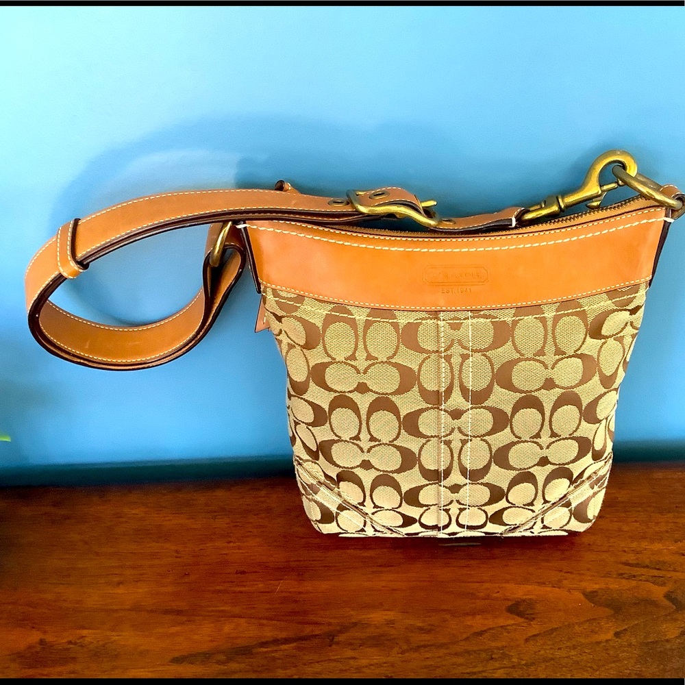 Coach monogram print leather trimmed shoulder bag